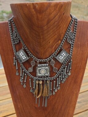 Bohemian Silver-Tone Statement Fringe Necklace